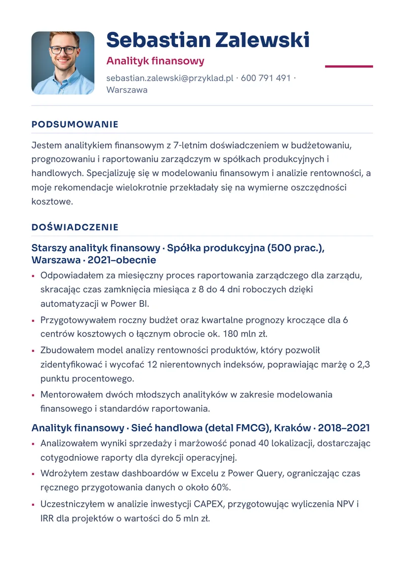 Wzór CV — Analityk finansowy — strona 1