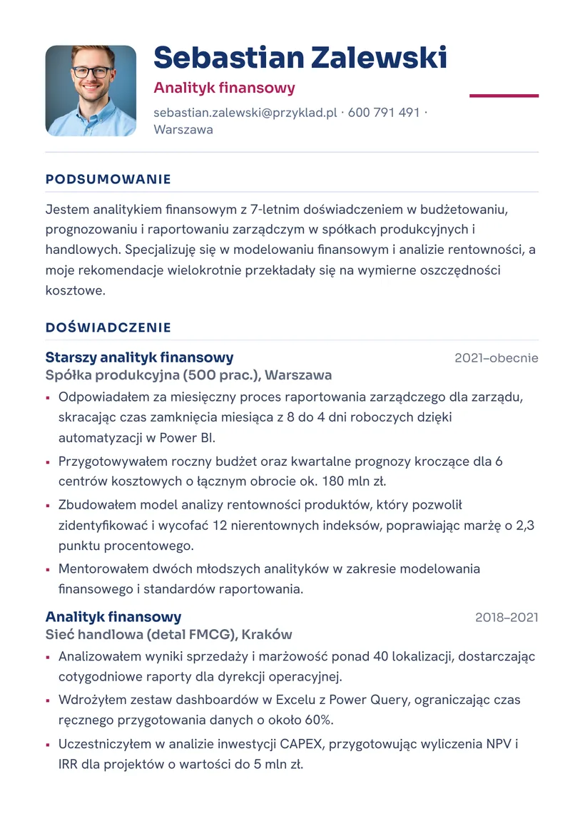 Wzór CV — Analityk finansowy — strona 1