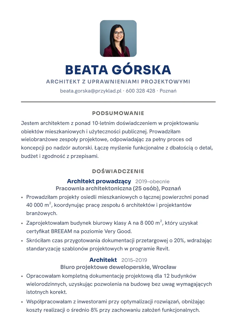 Wzór CV — Architekt — strona 1