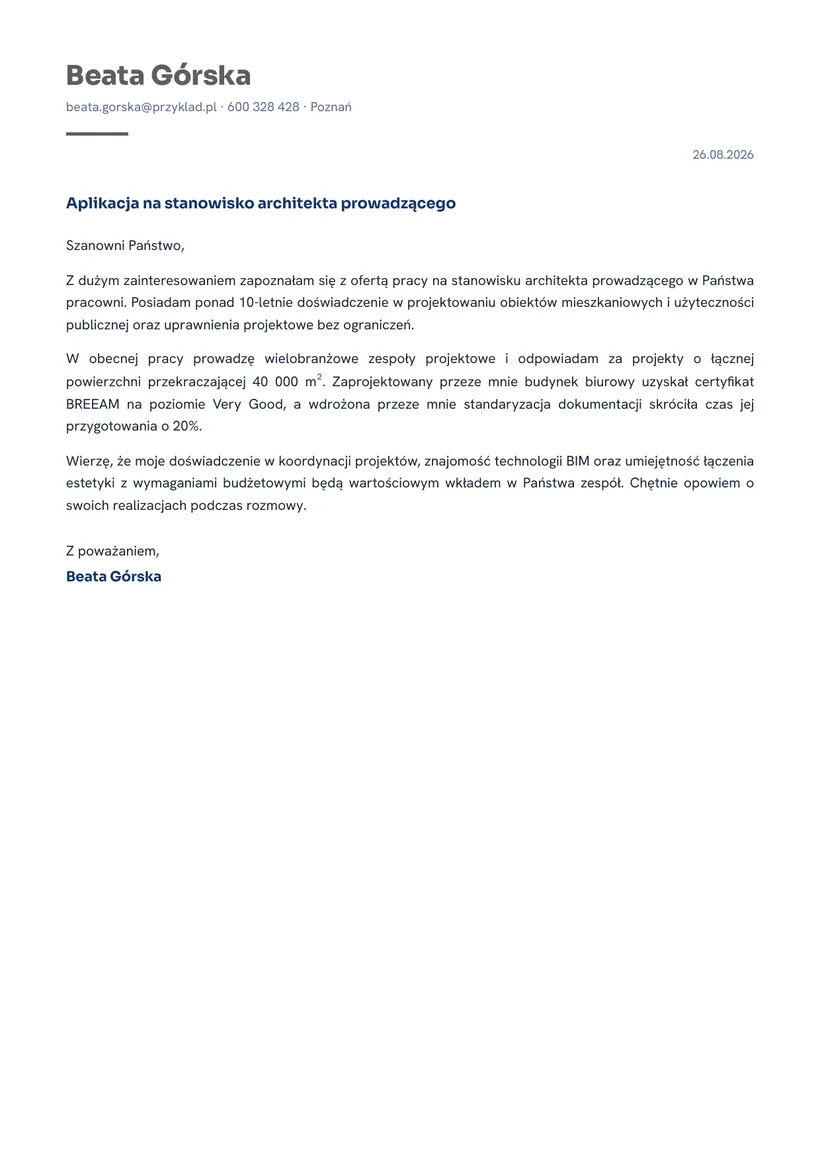 Wzór listu motywacyjnego — Architekt