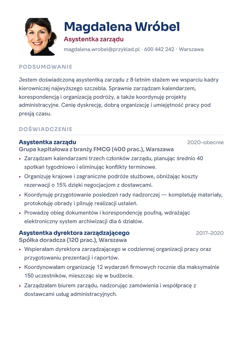 Wzór CV — Asystentka zarządu — strona 1