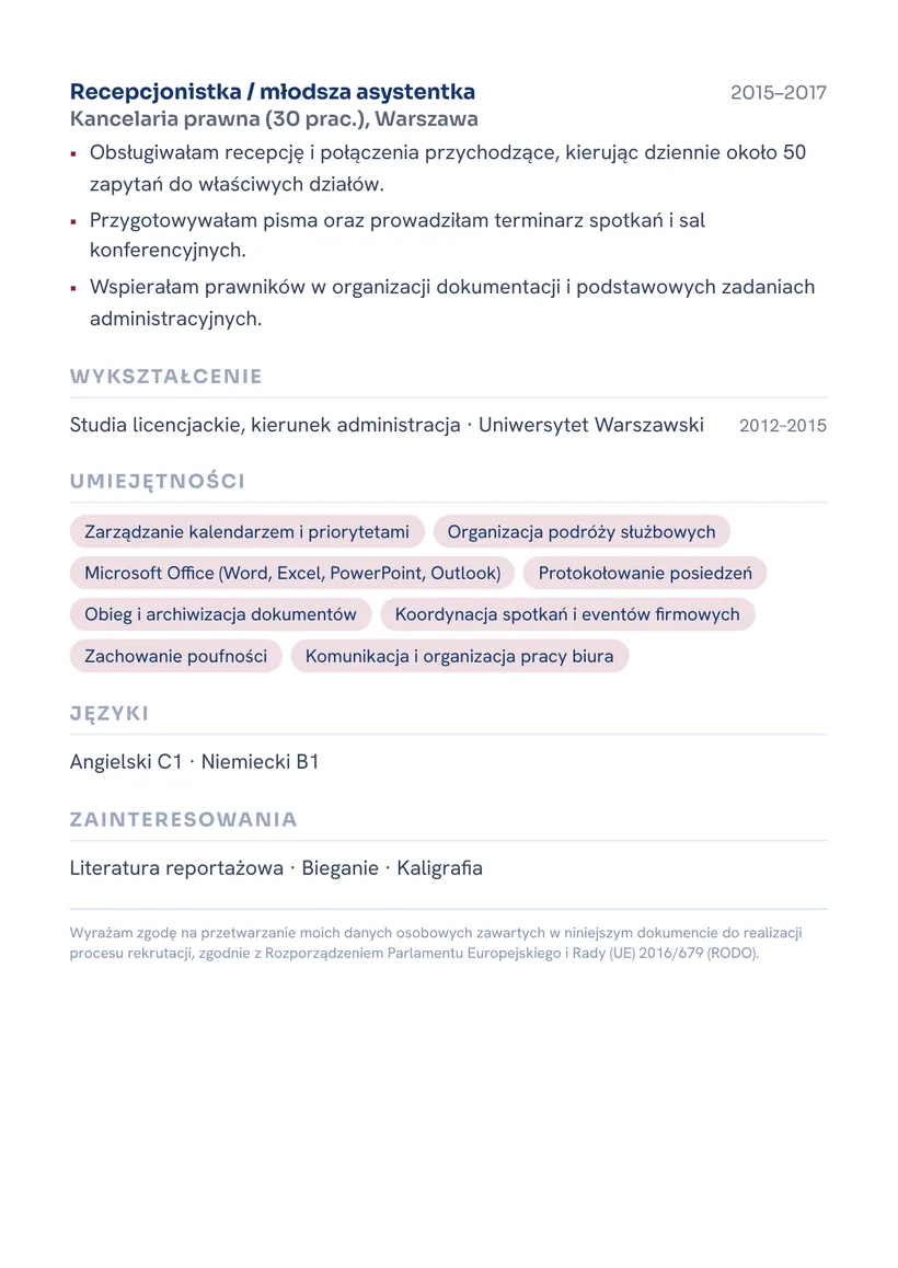 Wzór CV — Asystentka zarządu — strona 2