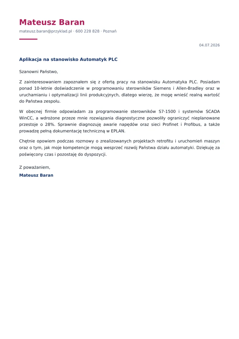Wzór listu motywacyjnego — Automatyk (PLC)