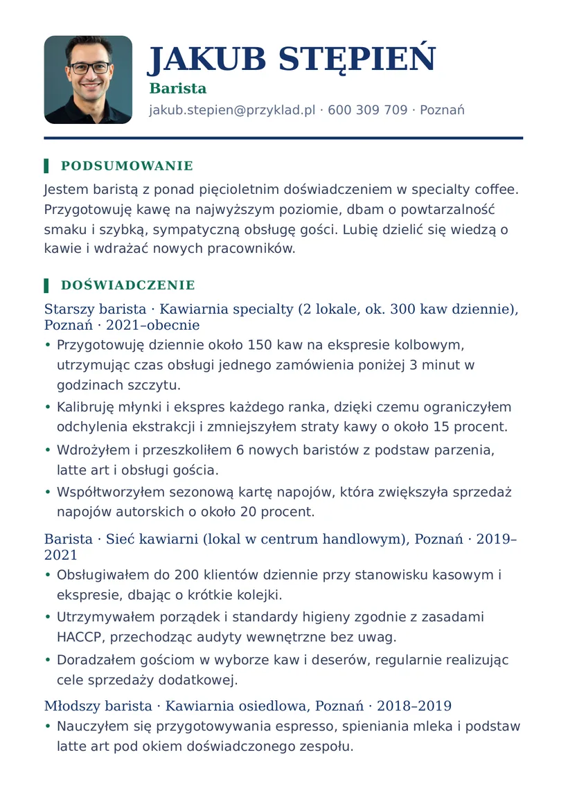 Wzór CV — Barista — strona 1