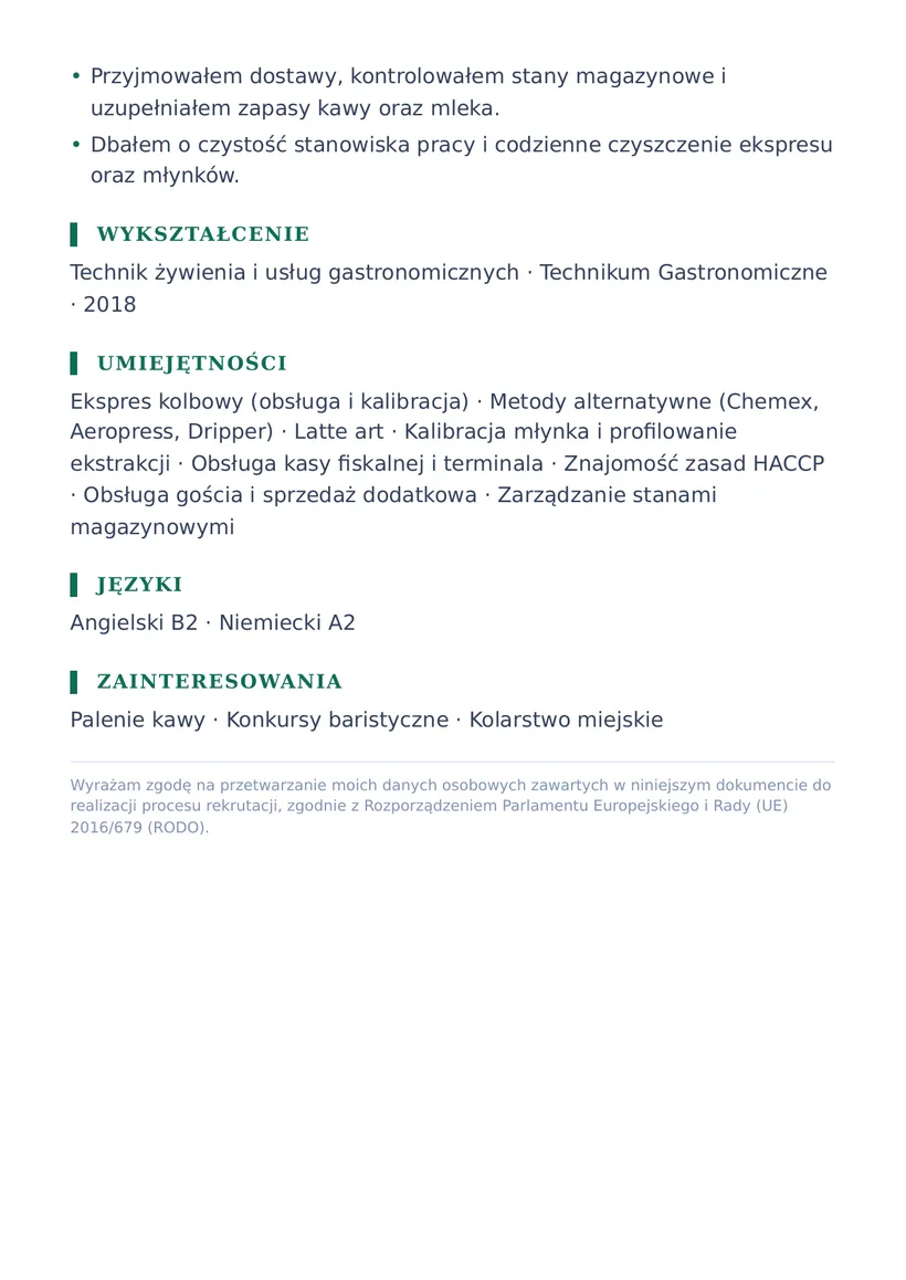 Wzór CV — Barista — strona 2