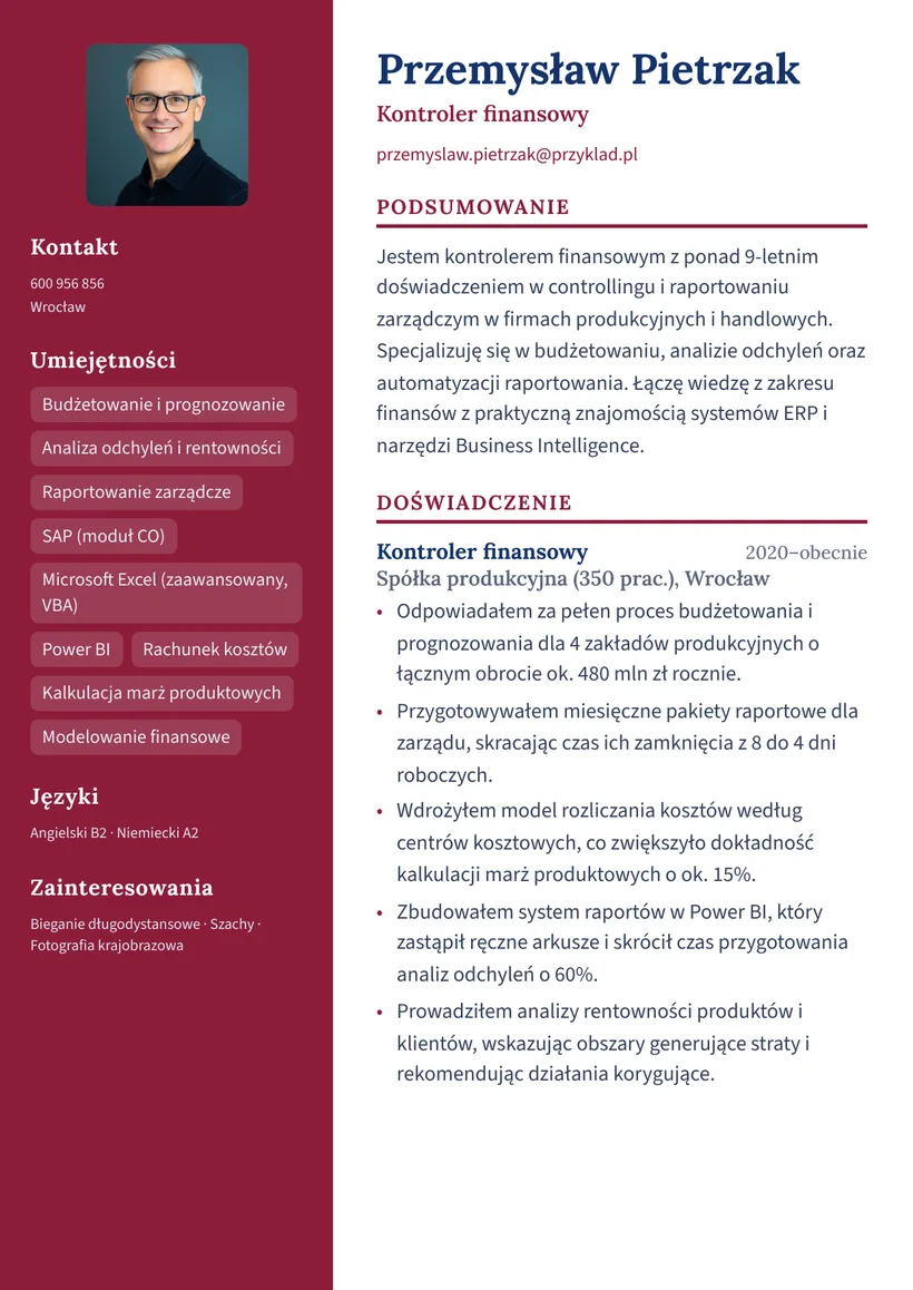 Wzór CV — Kontroler finansowy — strona 1