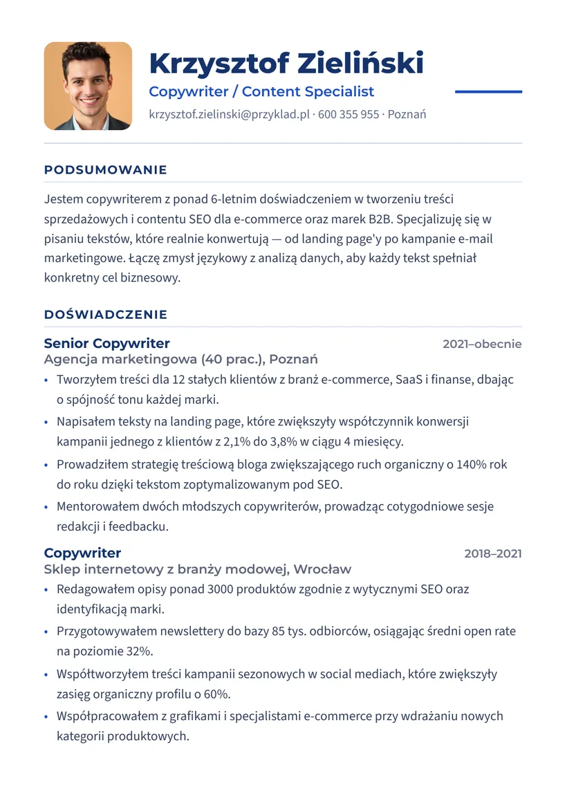 Wzór CV — Copywriter — strona 1