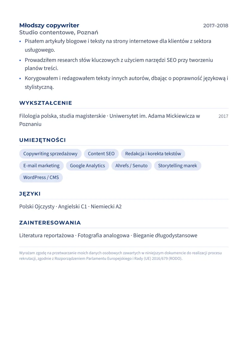 Wzór CV — Copywriter — strona 2
