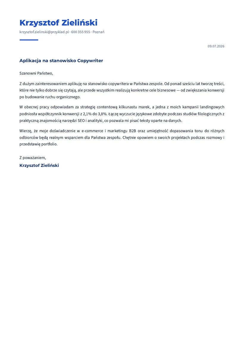 Wzór listu motywacyjnego — Copywriter