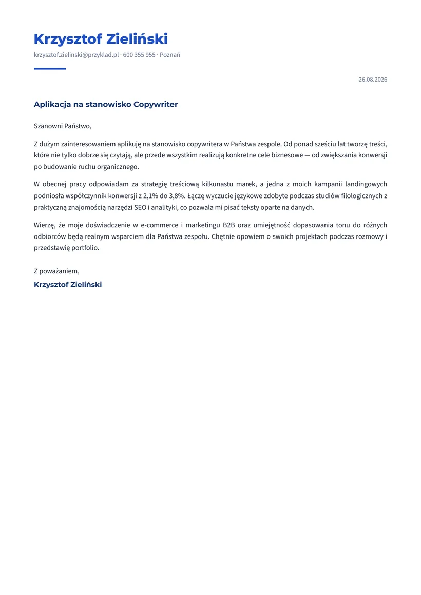 Wzór listu motywacyjnego — Copywriter