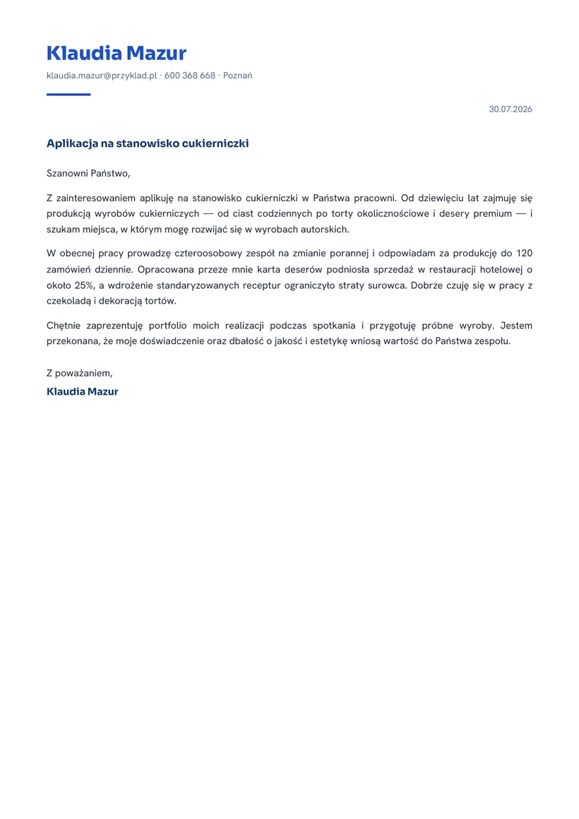 Wzór listu motywacyjnego — Cukiernik