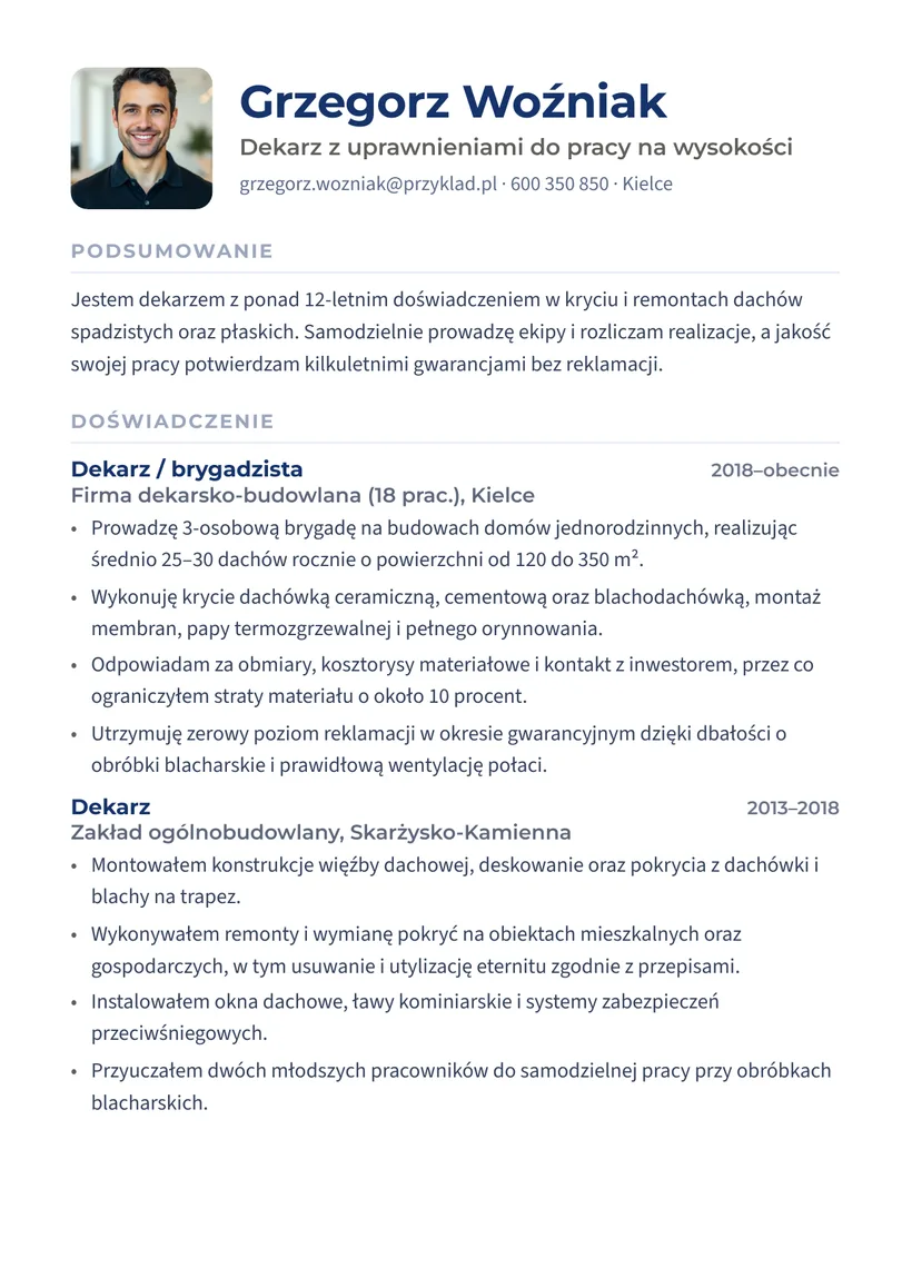 Wzór CV — Dekarz — strona 1