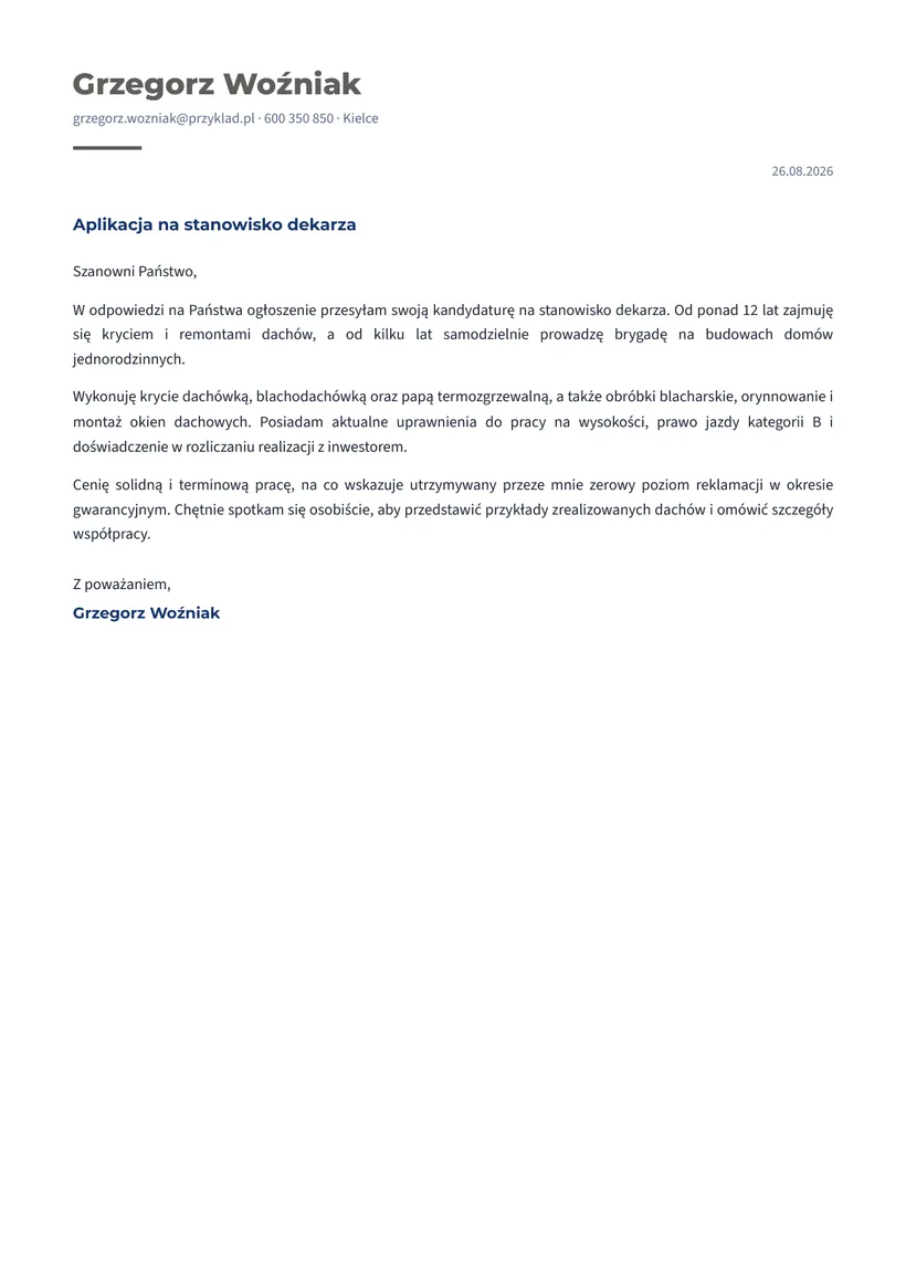Wzór listu motywacyjnego — Dekarz