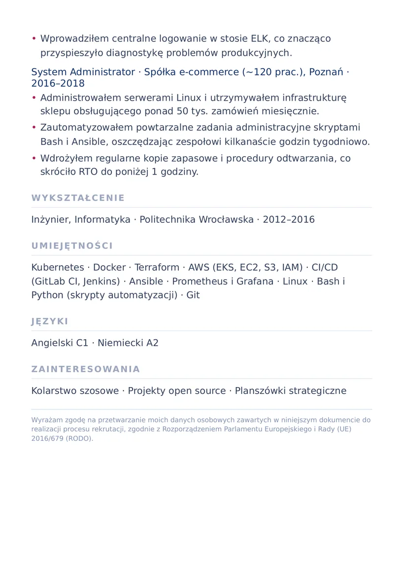 Wzór CV — DevOps Engineer — strona 2