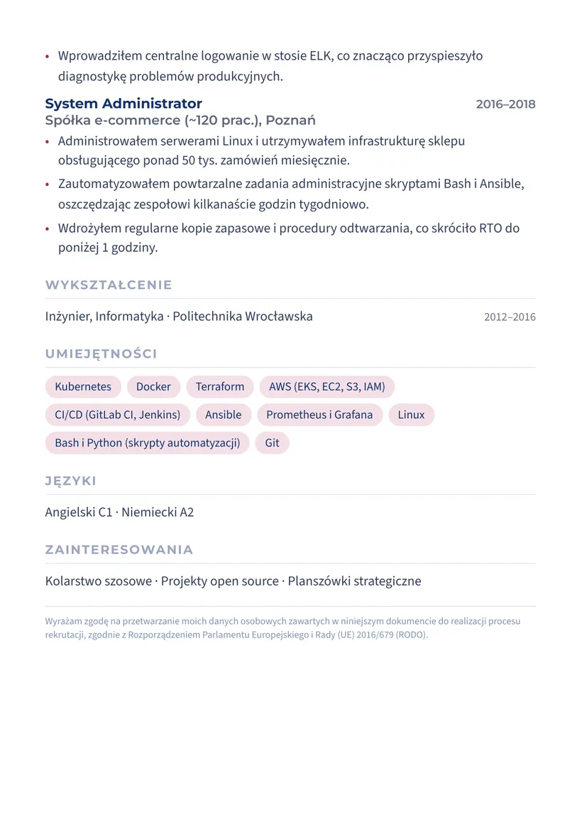 Wzór CV — DevOps Engineer — strona 2