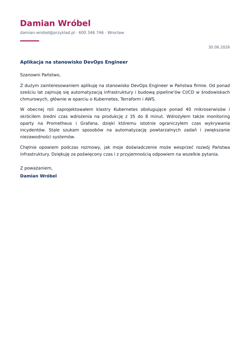 Wzór listu motywacyjnego — DevOps Engineer