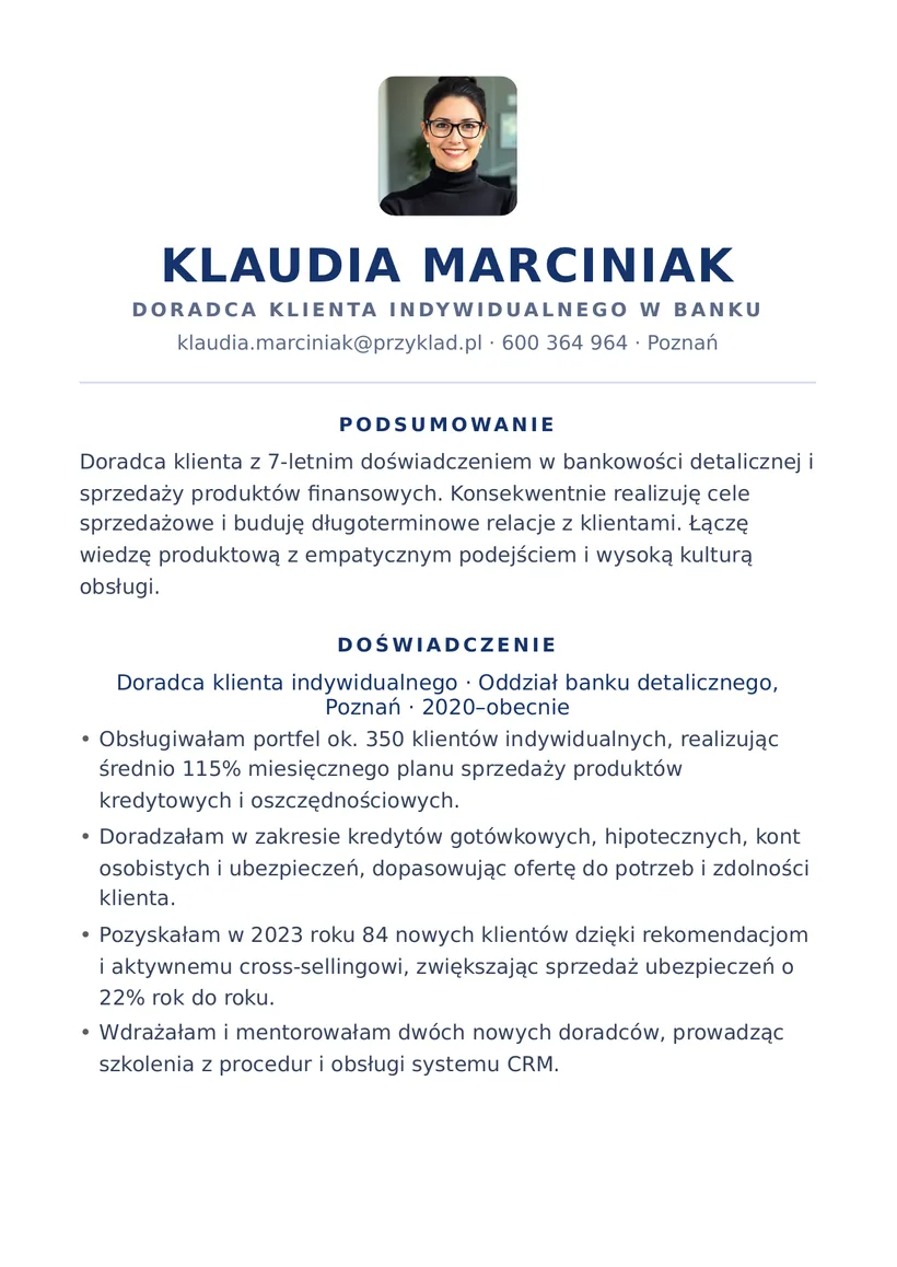 Wzór CV — Doradca klienta w banku — strona 1