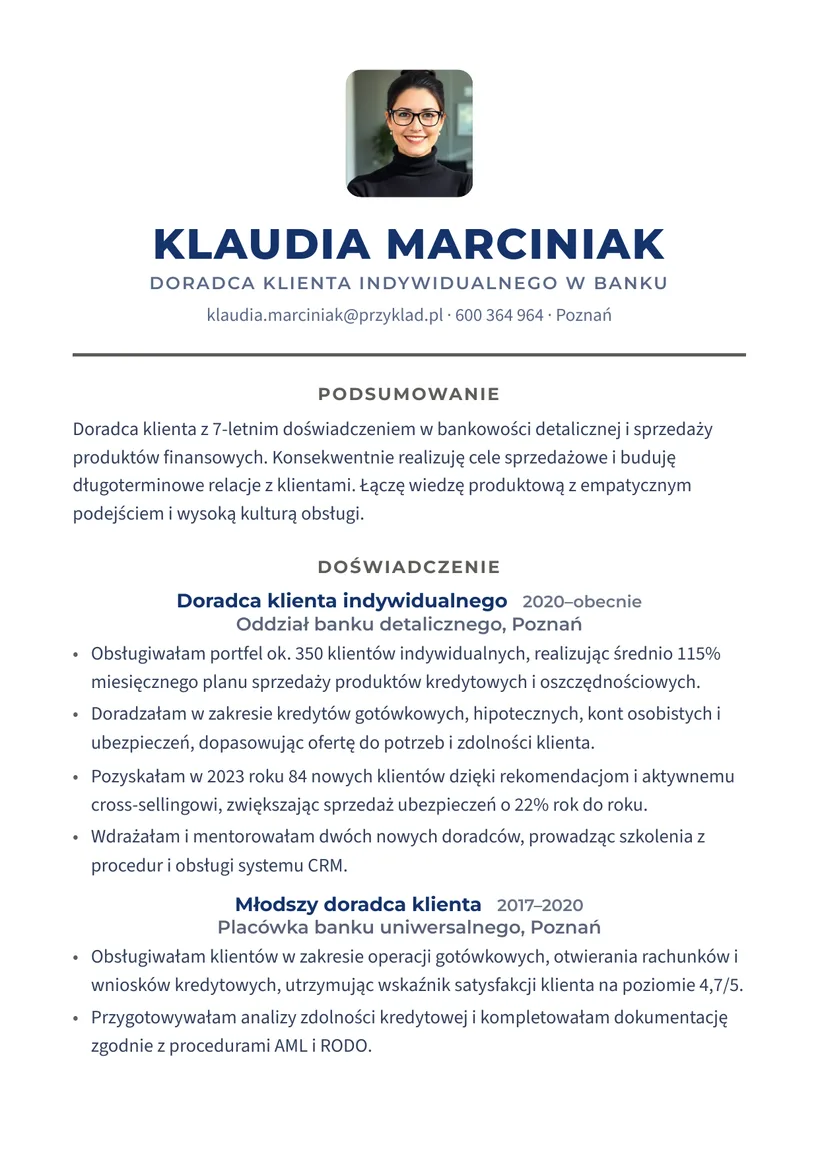 Wzór CV — Doradca klienta w banku — strona 1