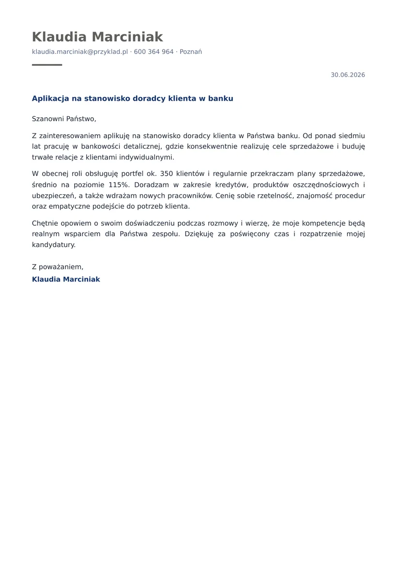 Wzór listu motywacyjnego — Doradca klienta w banku