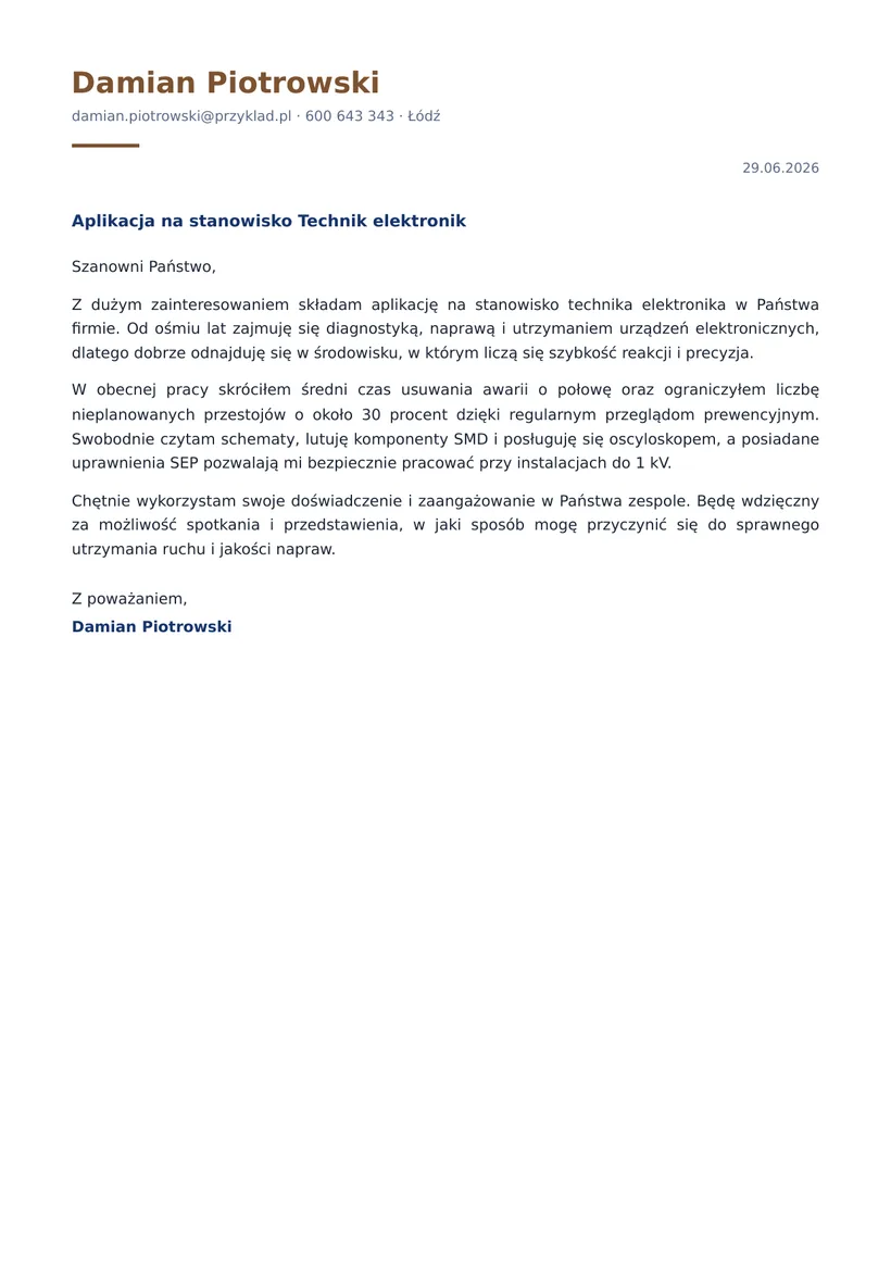 Wzór listu motywacyjnego — Technik elektronik