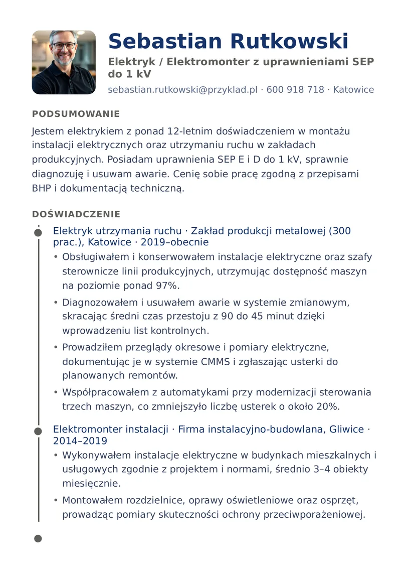 Wzór CV — Elektryk — strona 1