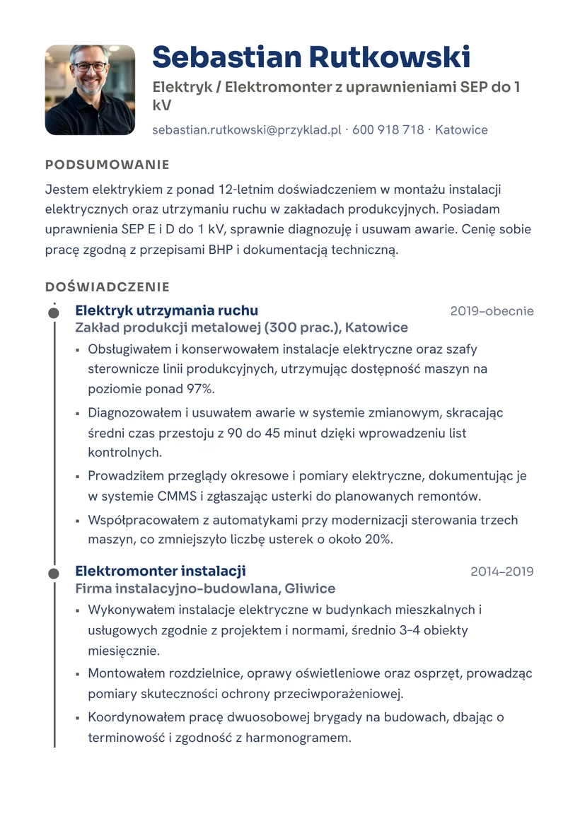 Wzór CV — Elektryk — strona 1