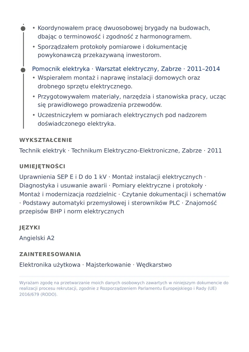Wzór CV — Elektryk — strona 2