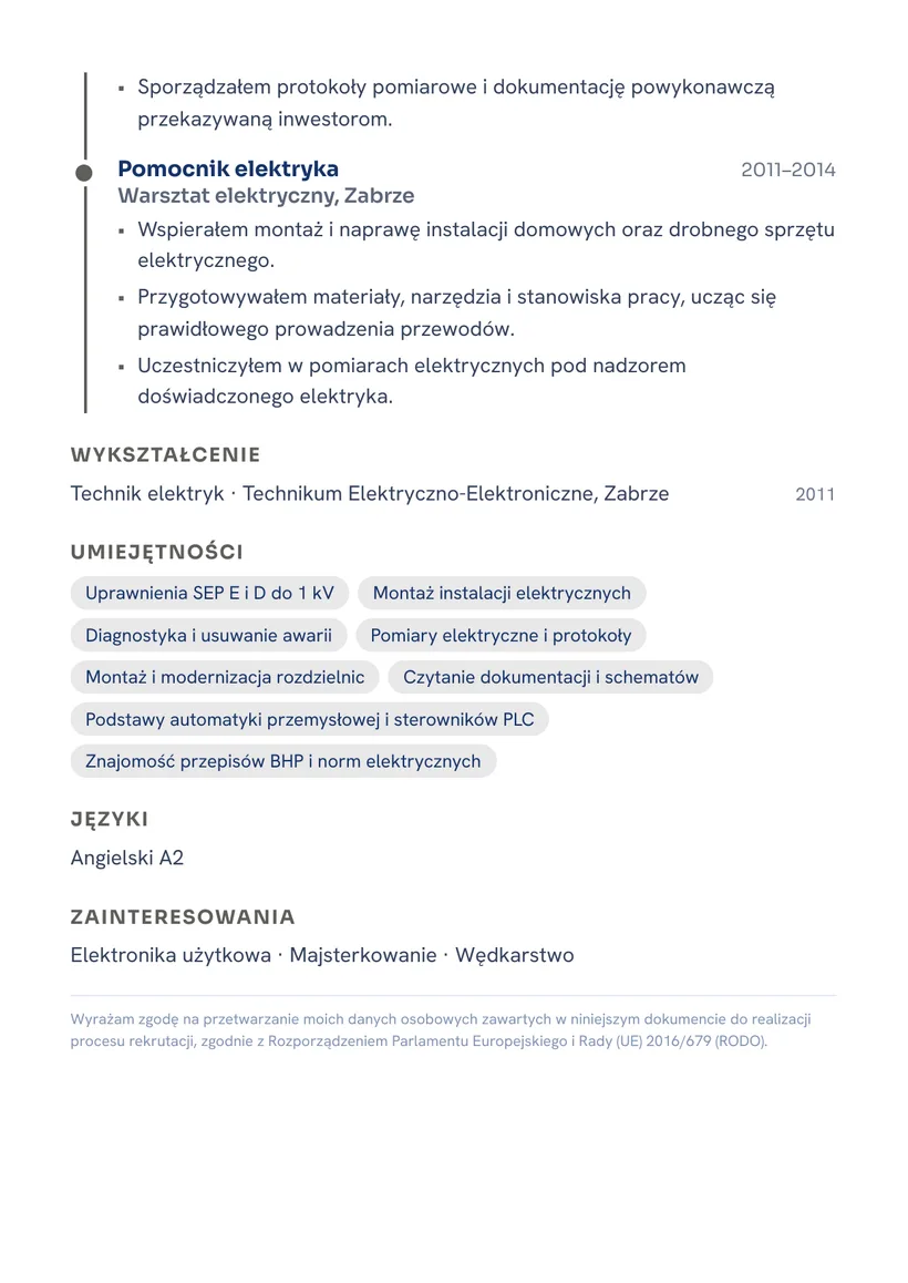 Wzór CV — Elektryk — strona 2