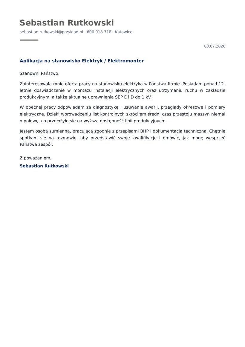 Wzór listu motywacyjnego — Elektryk