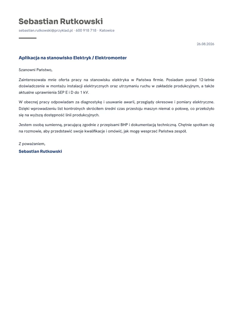 Wzór listu motywacyjnego — Elektryk