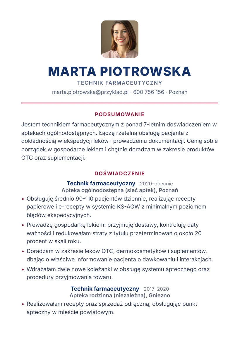 Wzór CV — Farmaceuta (technik farmaceutyczny) — strona 1