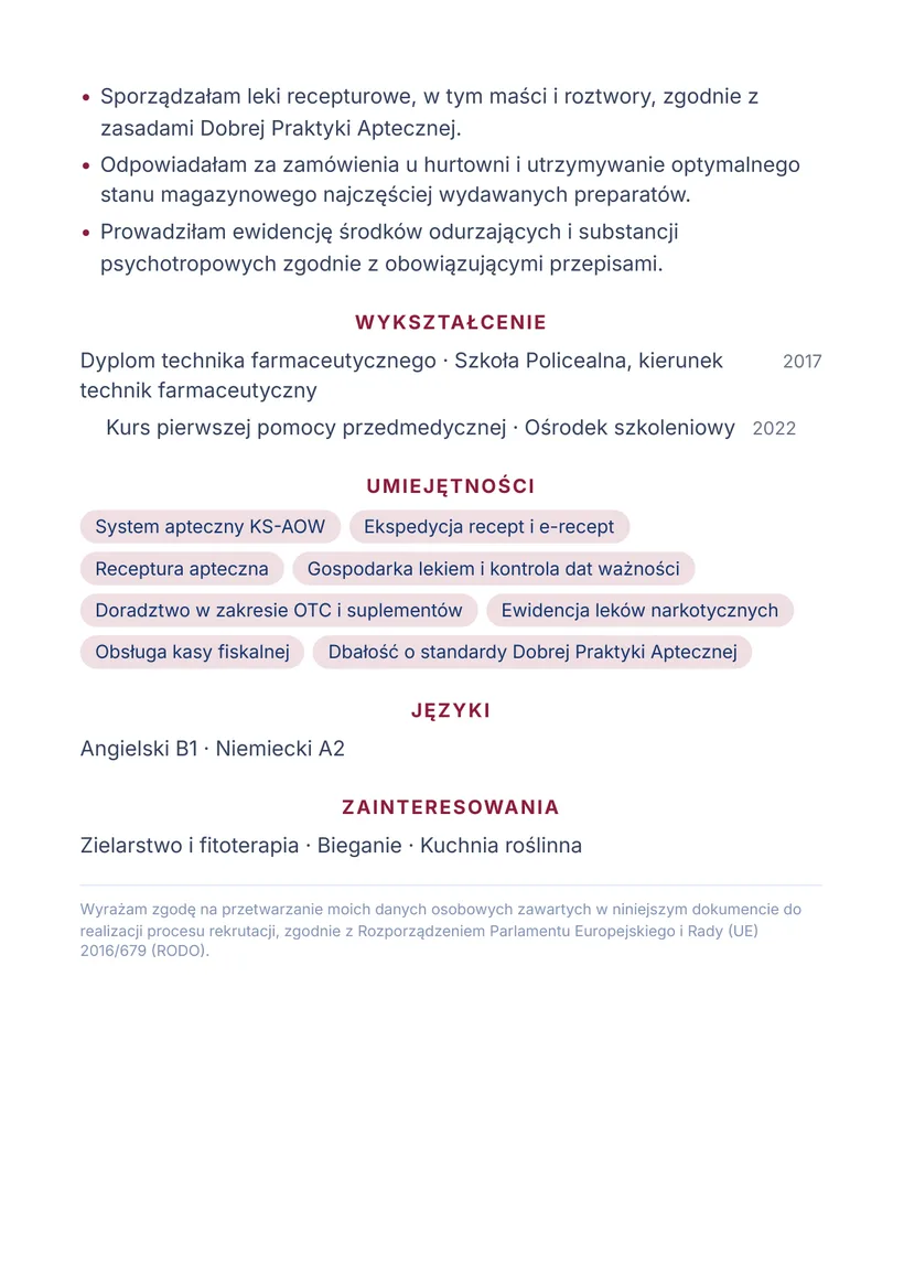 Wzór CV — Farmaceuta (technik farmaceutyczny) — strona 2
