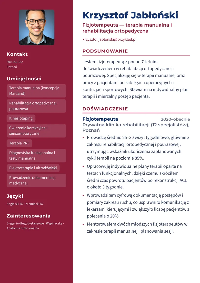 Wzór CV — Fizjoterapeuta — strona 1