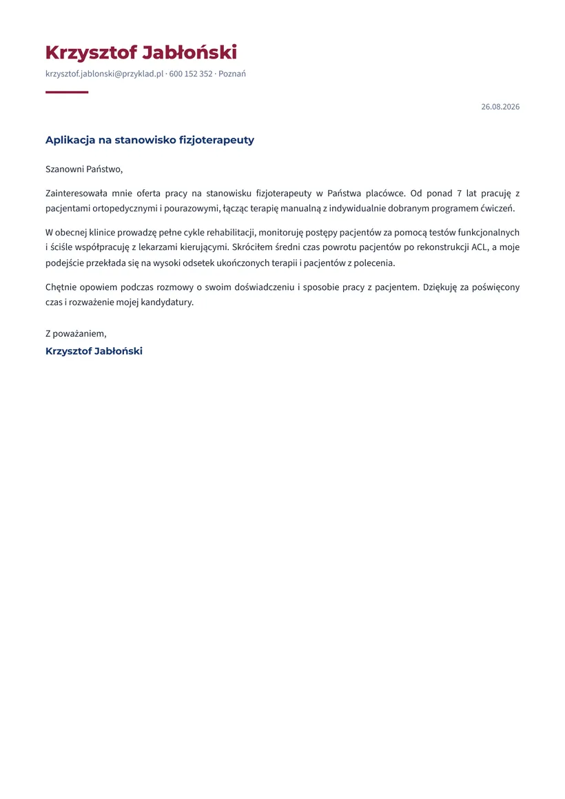 Wzór listu motywacyjnego — Fizjoterapeuta