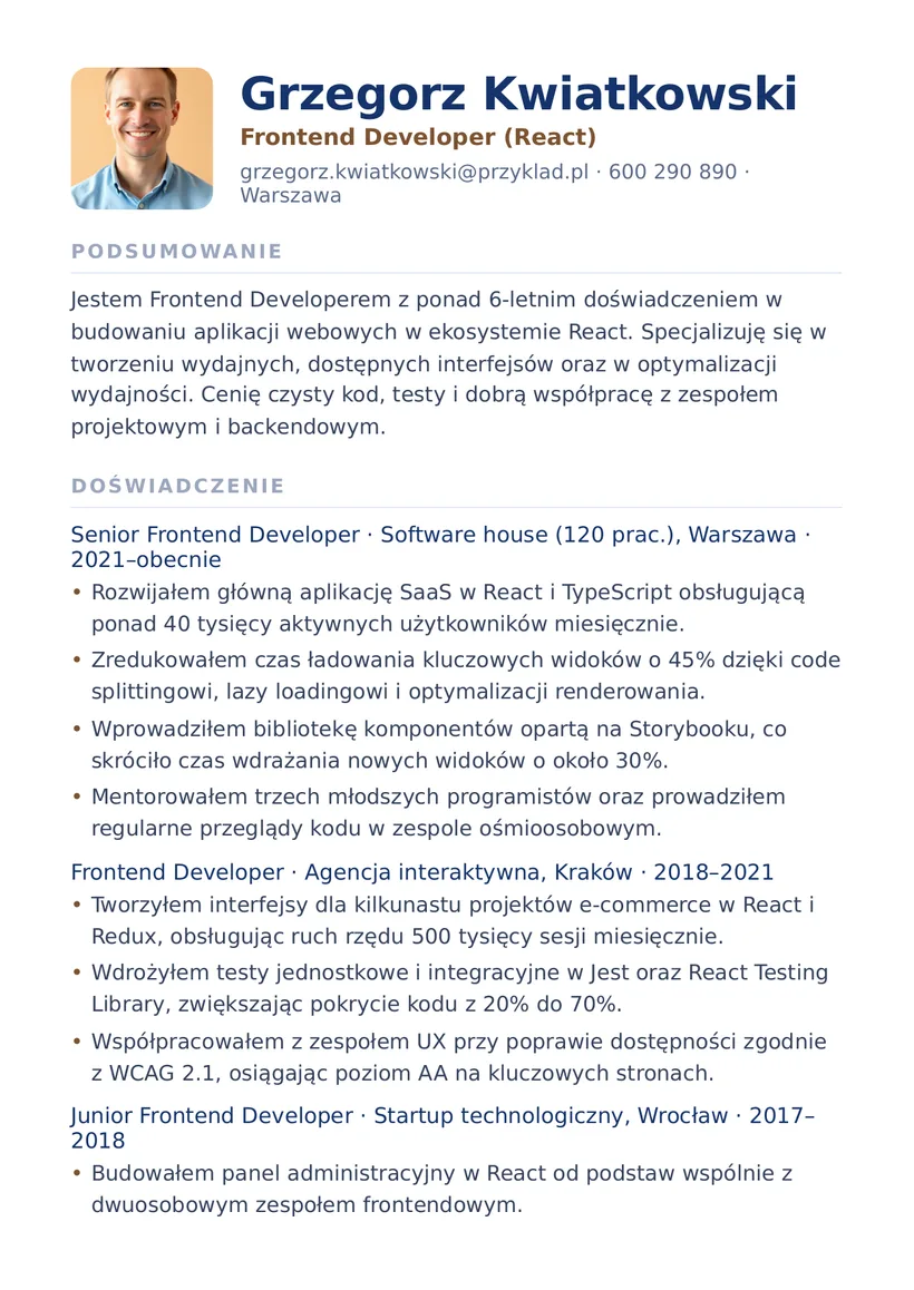 Wzór CV — Frontend Developer (React) — strona 1
