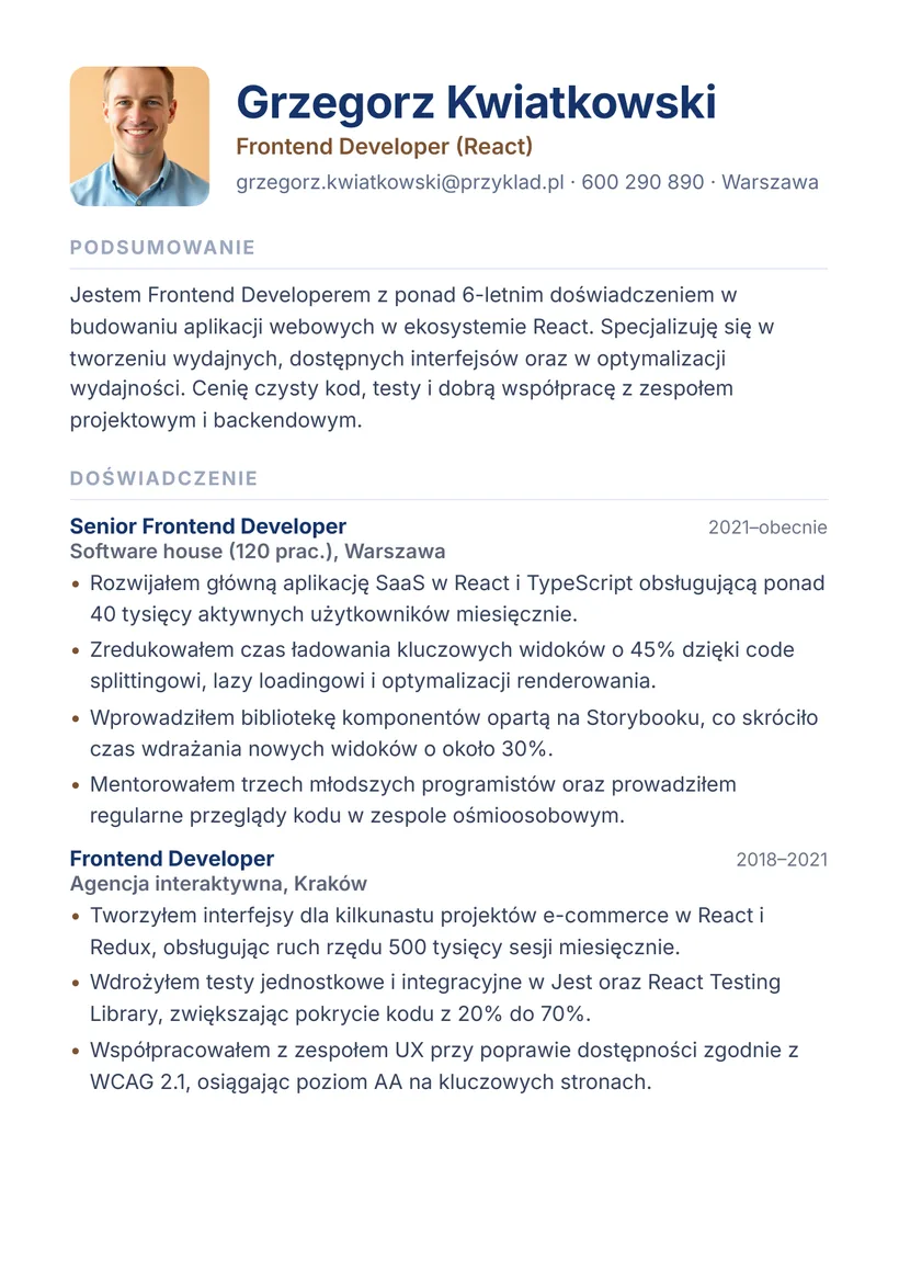 Wzór CV — Frontend Developer (React) — strona 1