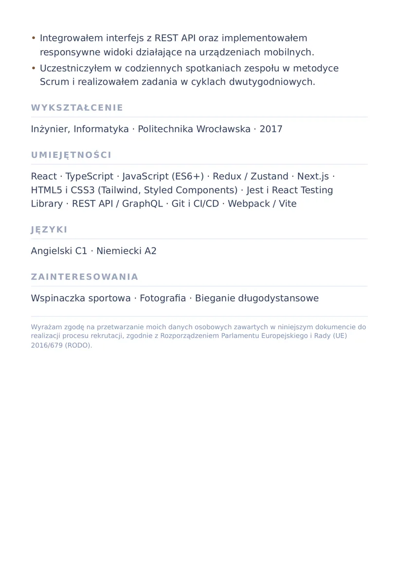 Wzór CV — Frontend Developer (React) — strona 2