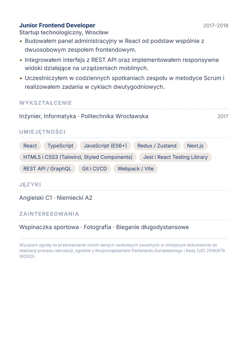 Wzór CV — Frontend Developer (React) — strona 2