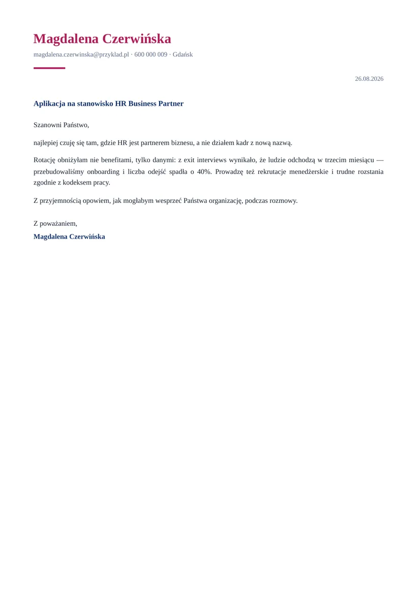 Wzór listu motywacyjnego — HR Business Partner