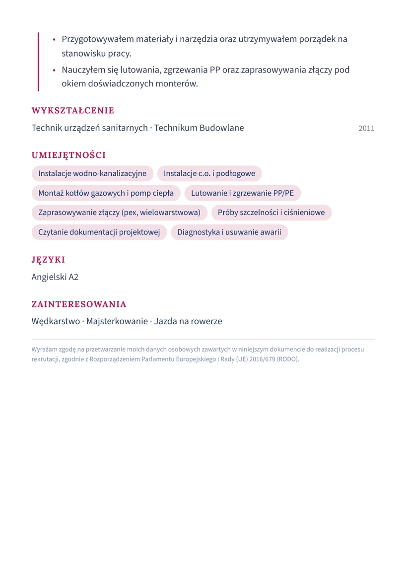 Wzór CV — Hydraulik / monter instalacji sanitarnych — strona 2
