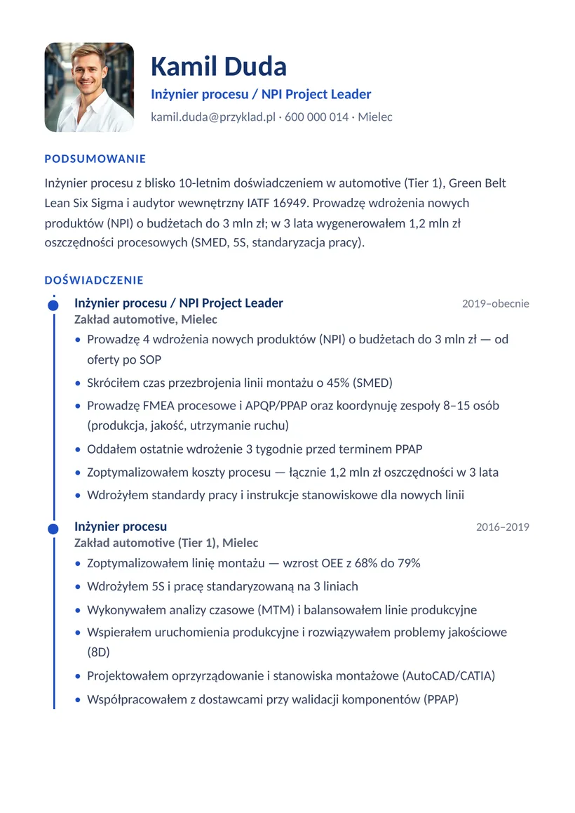 Wzór CV — Inżynier produkcji / PM — strona 1