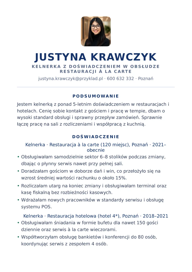 Wzór CV — Kelner / kelnerka — strona 1