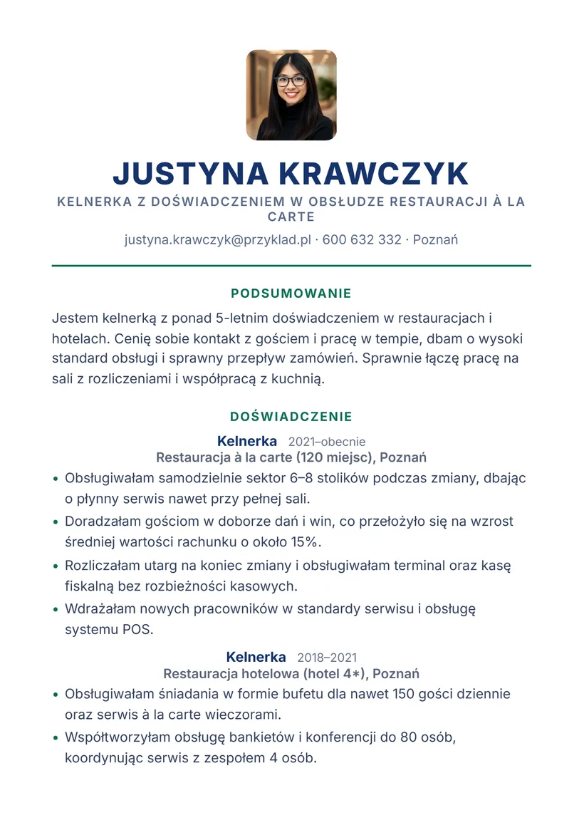 Wzór CV — Kelner / kelnerka — strona 1