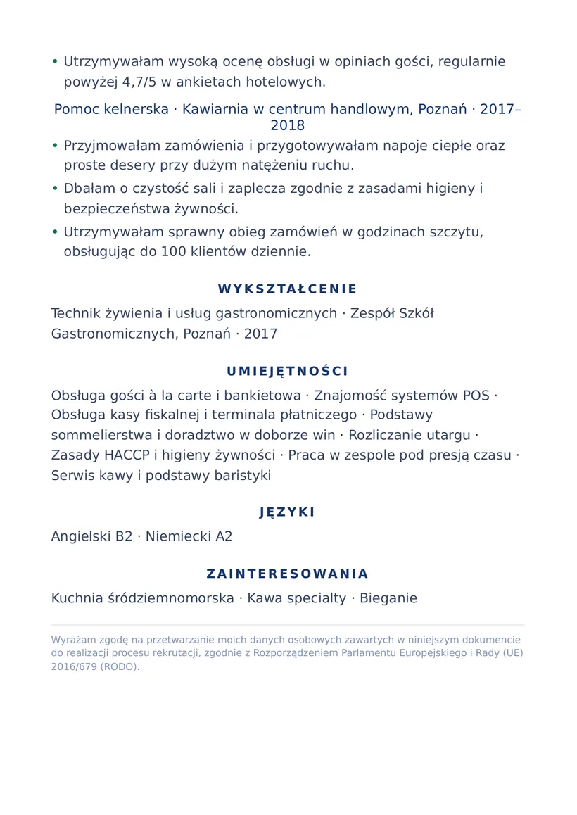 Wzór CV — Kelner / kelnerka — strona 2