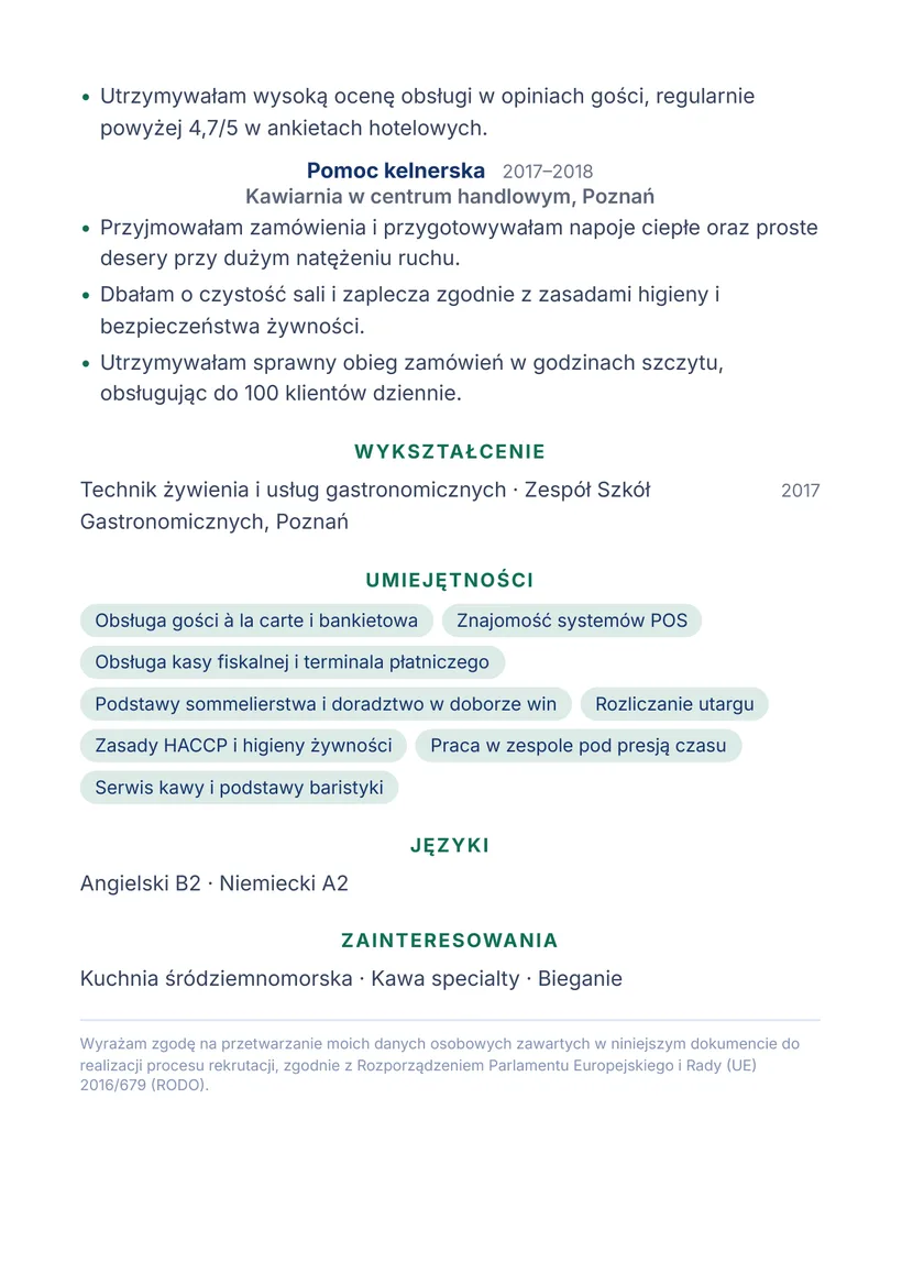 Wzór CV — Kelner / kelnerka — strona 2