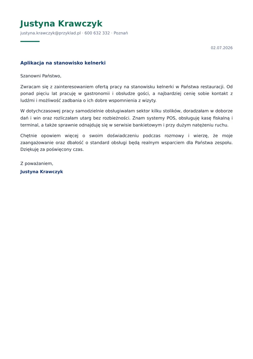 Wzór listu motywacyjnego — Kelner / kelnerka