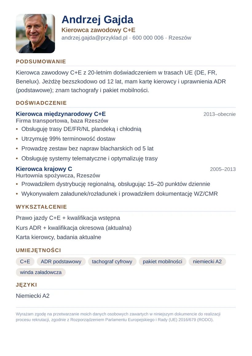Wzór CV — Kierowca C+E (transport międzynarodowy) — strona 1