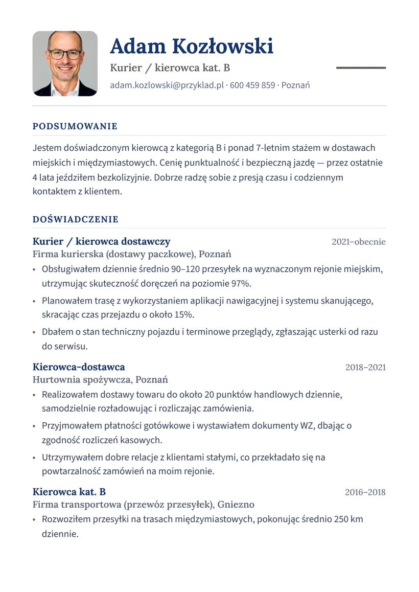 Wzór CV — Kurier / kierowca kat. B — strona 1