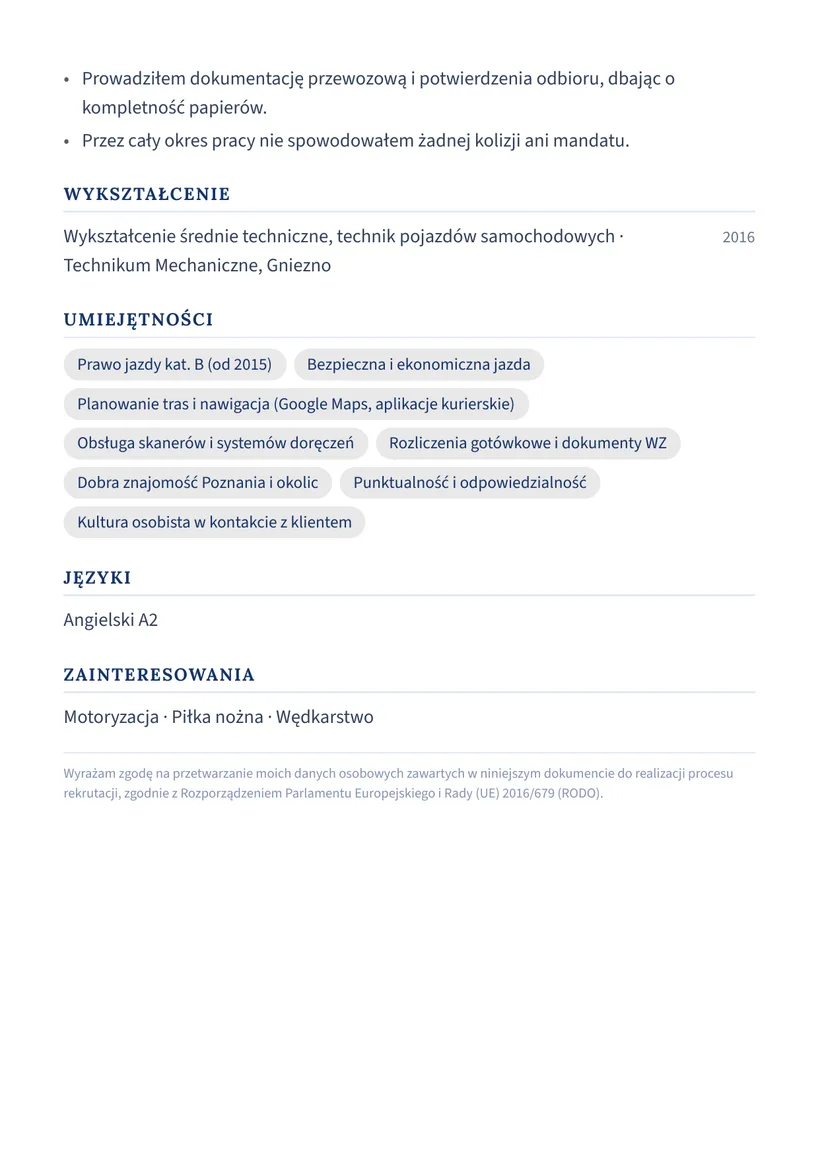 Wzór CV — Kurier / kierowca kat. B — strona 2