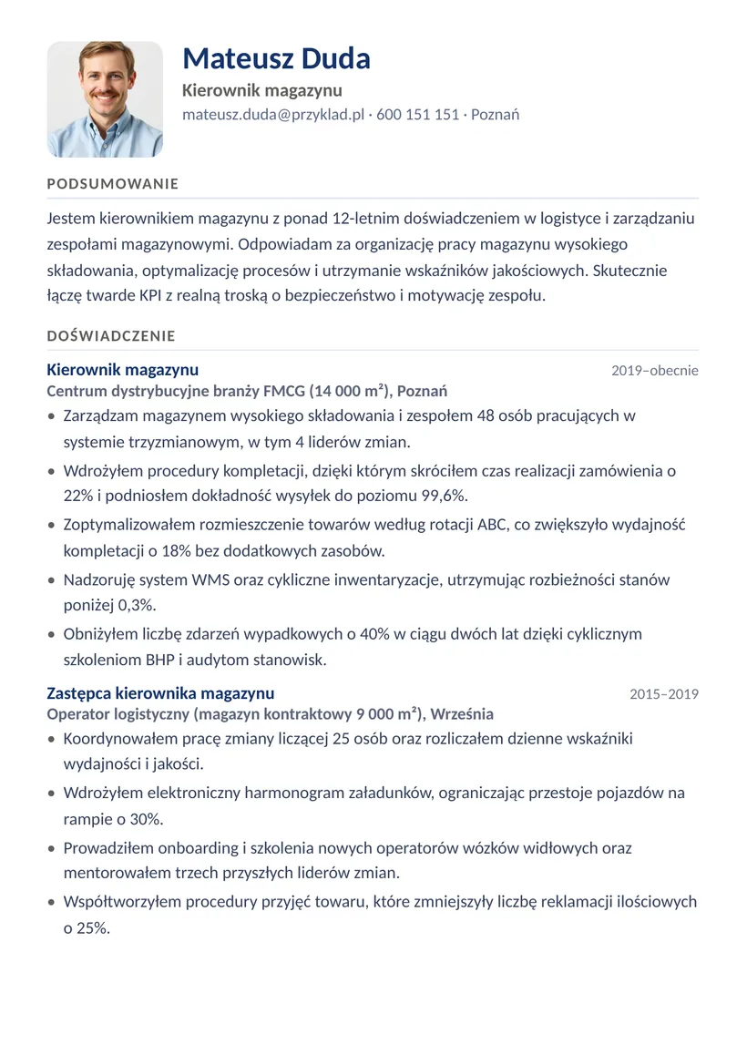 Wzór CV — Kierownik magazynu — strona 1